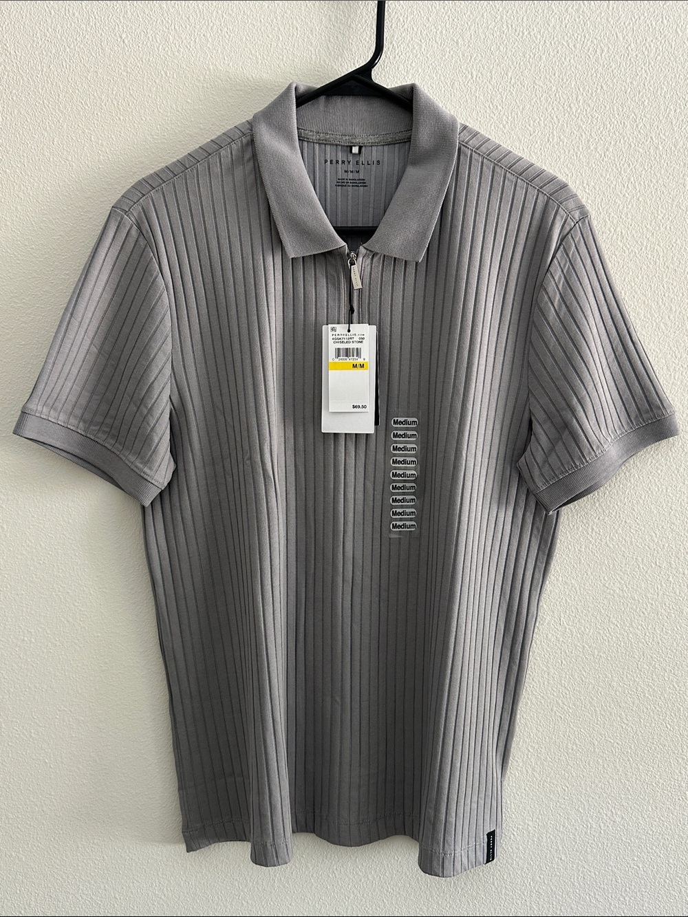 Perry Ellis Gray Vertical-Rib Zip Polo